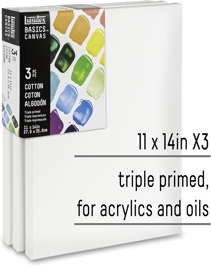 Liquitex BASICS Canvas, 3 Pack, 11" x 14" | Archival, Acid-Free, Non-Toxic, Medium Texture Cotton, Pre-primed with a triple layer of acrylic gesso, Stapled & Stretched