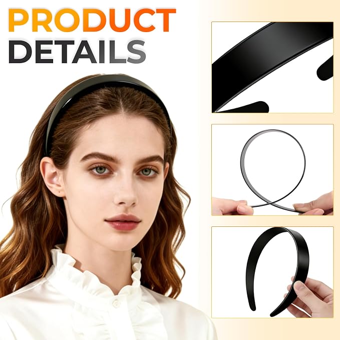 VOKOY 12 PCS Black Plastic Headbands, 1 Inch Wide No Teeth Hair Bands for Girls & Women, Blank DIY Plain Headbands for Crafts