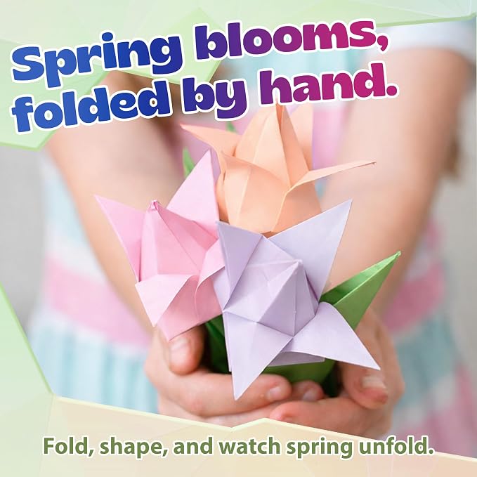 Pinwheel Crafts Flower Origami Kit for Kids Ages 8-12, 150 Pcs Spring Color | 100 spring color folding sheets, 20 chenille stems, 30 buttons and gems, booklet, makes 3D paper flowers, gift for girls