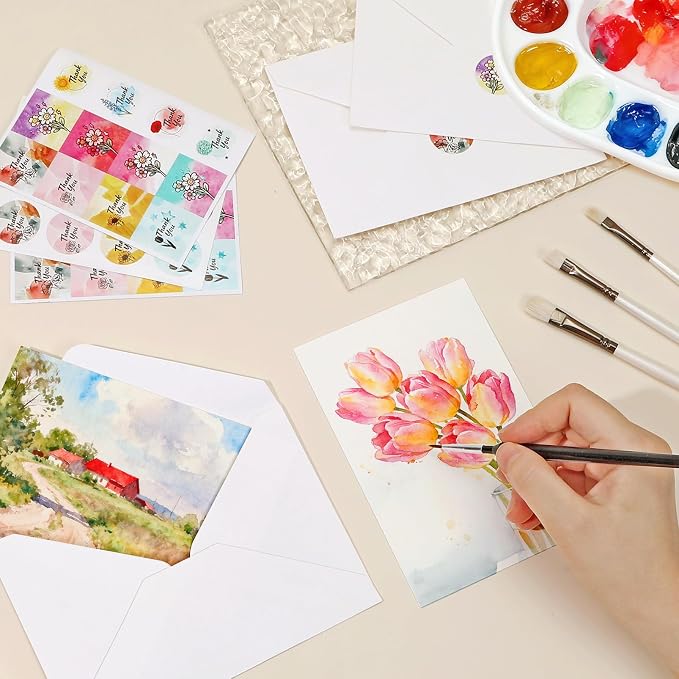 36 Sets Flat Watercolor Cards with Envelopes & Seals – 4 x 6 Inches Pure Cotton 300gsm Cold-Pressed Acid-Free Paper for Mother's Day, Wedding, Graduation, Thank You Notes & Postcards
