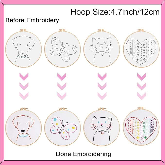 Louise Maelys 12 Pre-Stamped Embroidery Kits for Beginners, Kids Girls Cross Stitch Kit,DIY Needlepoint Craft Sewing Practice Supplies,Funny Cute Pattern,Perfect for Ages 8+