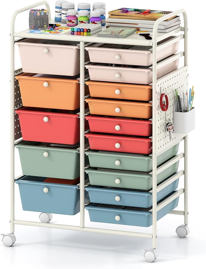 Giantex 15 Drawer Storage Cart, Rolling Craft Cart with Metal Tabletop & Pegboard, Mobile Utility Organizer Trolley with Locking Wheels, Home Office, Classroom, Teacher Supplies, Macaron Multicolor