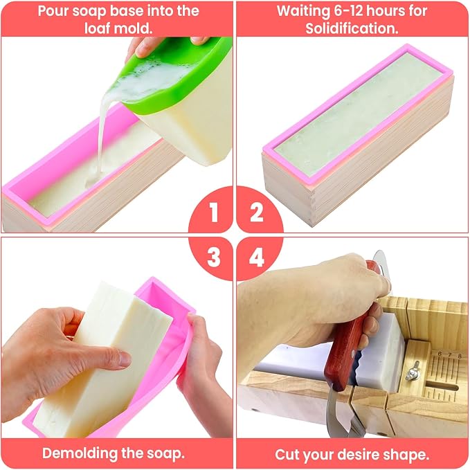 Soap Making Kit, Wooden Cutting Box and Inner Box with Silicone Mold, Stainless Steel Straight Cutter and Wavy Cutter for DIY Soap Making