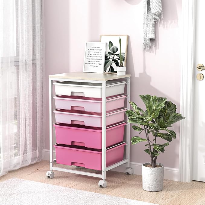 SYKIARIOL Utility Cart with Drawers,5 Drawers Storage Cart,Rose Pink | 5-Tiers Drawer Cart with Wooden Top with Lockable Wheels for Craft Organizers and Storage,Home Office,Classroom,Dorm,Playroom