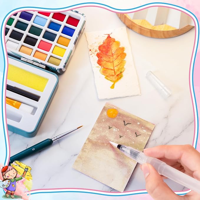 Prudiut Watercolor Paint Set, 50 Colors with Paper, Brushes & Palette | Highly Pigmented Colors, Portable Box, Beginner Friendly, For Sketching, Calligraphy & Travel Art