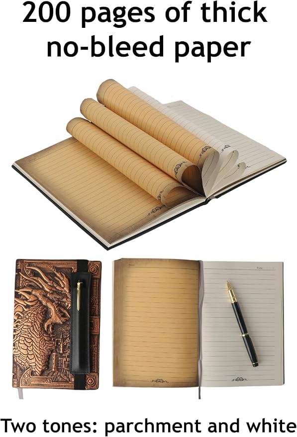 Futhark DND Notebook/Journal - 200 Pages with 3D Bronze Dragon Embossed Faux Leather Cover with Pen and Pen Holder - Ideal for Dungeons & Dragons/D&D. Great RPG Accessories Gift for DM & Players