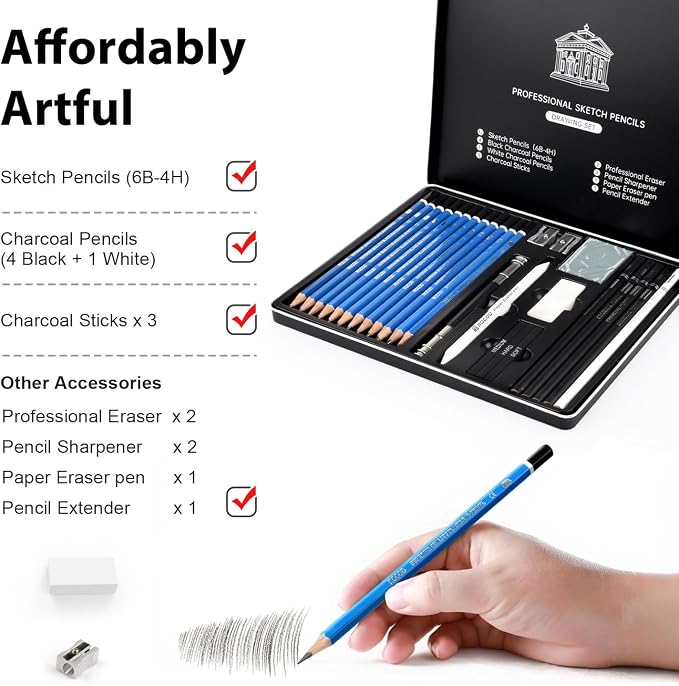 Sketch Pencils for Kids and Adults Drawing, 26-Piece Profession Sketching Pencils, Drawing Pencil for Artists Beginner Sketching, Art Graphite Pencil 6B to 4H