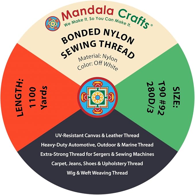 Mandala Crafts Size 92 280D T90 Off White Bonded Nylon Thread, 1100 YDs