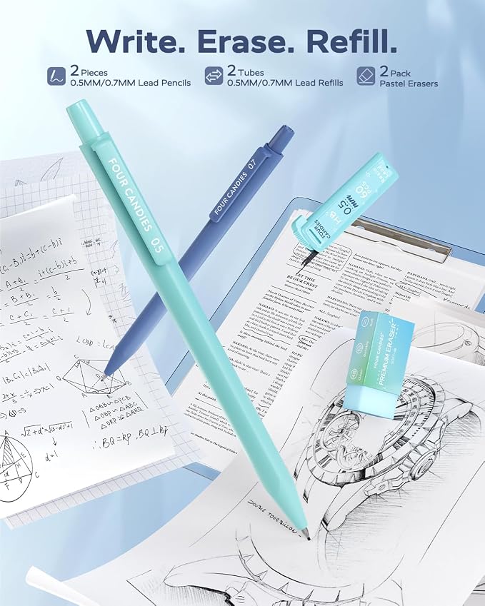 Four Candies Aesthetic School Supplies Kit with Cute Blue Pencil Case
