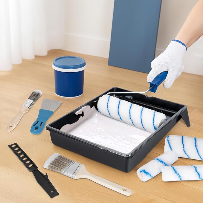 Paint Roller Kit with Extension Pole 28 Piece Set, 4" 9" Paint Roller with Tray, Paint Brushes Set for Professional Painting, House Wall Ceiling Painting Supplies for All Latex and Oil Paints Stains