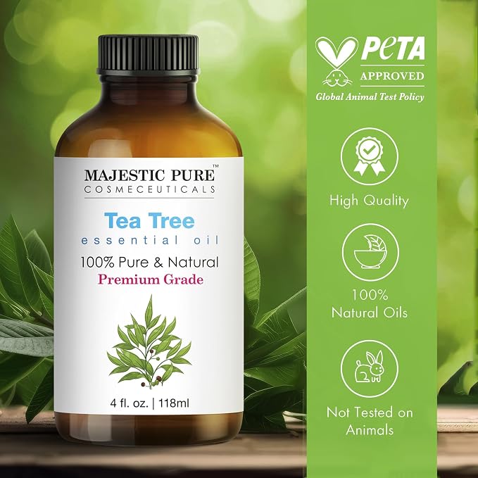 Majestic Pure Tea Tree Essential Oil for Diffuser - 4 Fl Oz | 100% Pure and Natural Tea Tree Oil for Hair, Skin Care, Carrier Oil Blend, Aromatherapy, Soap and Candle Making Scent