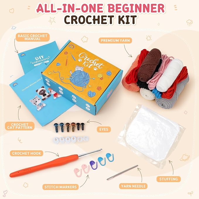 Fortuning's JDS Crochet Kit for Beginners, 3 Cat Crochet Animal Kit Starter | w/ Step-by-Step Video Tutorials, Beginner Crochet Kit for Adults, Bow-Wearing Cat Crochet Set, Crochet Gifts for Cat Lovers
