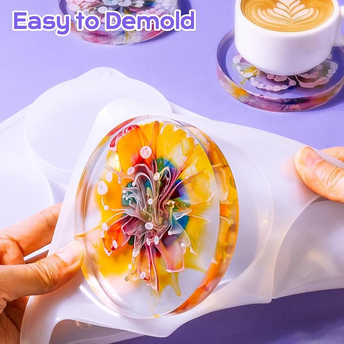 HeyClear Silicone Molds for Resin Coasters 6-Cavity Round Epoxy Resin Molds | for Crafts DIY Tray, Cup Coasters, Flower Bouquet Preservation, Resin Art, Home Decoration, Flexible, Easy to Clean & Demold