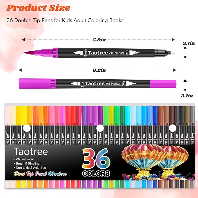 Taotree 36 Colors Dual Tip Art Markers Pens Set for Adult Coloring Books | Artist Fine & Brush Tip Coloring Markers Drawing Pens for Journaling Note Taking Lettering Calligraphy Craft Art Supplies Set