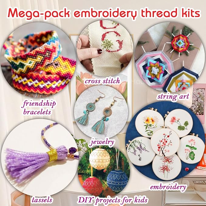 QCZKB Friendship Bracelet String 102 Skeins Fashionable Rainbow Color Embroidery Floss Cross Stitch Embroidery Thread Bracelet Yarn, Craft Floss with Beads，Tool kit