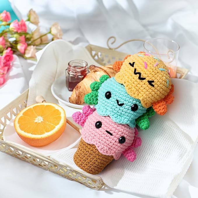 Crochetta Crochet Kit for Beginners, Crochet Starter Kit w Step-by-Step Video Tutorials, Beginner Crochet Kit for Adults Kids Women Men Complete Kit Included (Ice Cream Axolotls)