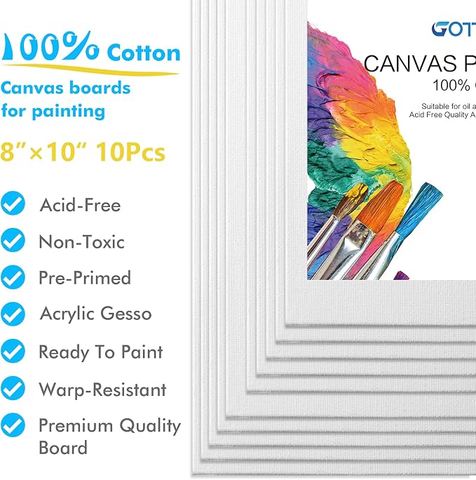 GOTIDEAL Canvas Boards, 8x10 inch Set of 10, Art Supplies Canvas Panel | 100% Cotton Gesso Primed White Blank Canvases for Painting, Acrylic Paint, Pouring, Oil Paint, Watercolor, Gouache