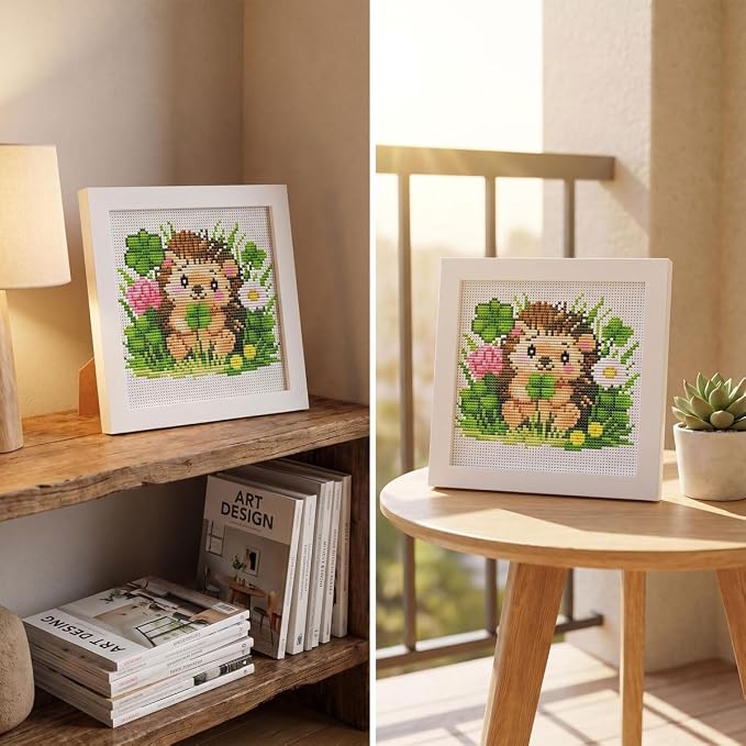 Hedgehog Clover Stamped Cross Stitch Kits for Beginners Adults with Framed | Flowers and Grasses Needlepoint Counted Cross Stitch Kits for Beginners Adults Embroidery Kits Arts and Crafts 6 x 6 inch