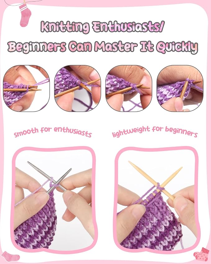 Katech Knitting Kit for Beginner Adults W/Socks Step-by-Step Instruction | 4 Pcs Socks Yarn Knitting Kit w/ Knitting Needles, Knitting Starter Kit for Learn to Knit Sock Kits Gift Gray-pink