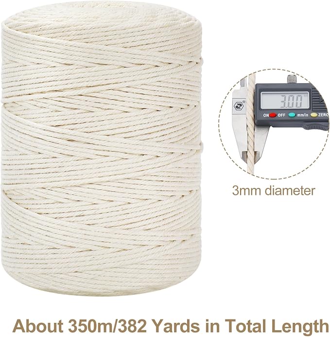 Natural Cotton Macrame Rope - 3mm x 380Yards (1140Feet), 4 Strands Twisted Cotton Cord for Wall Hanging, Plant Hangers, Crafts, Gift Wrapping and Wedding Decorations, Black
