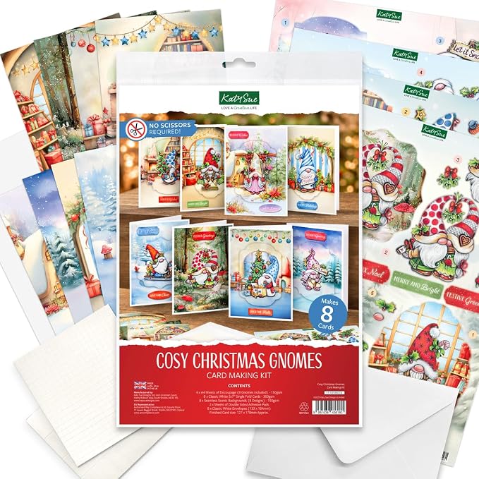 Katy Sue Cosy Christmas Gnomes Card Making Kit, Makes 8 Handmade Holiday Cards, Die Cut Toppers, Backgrounds & Foam Pads Included