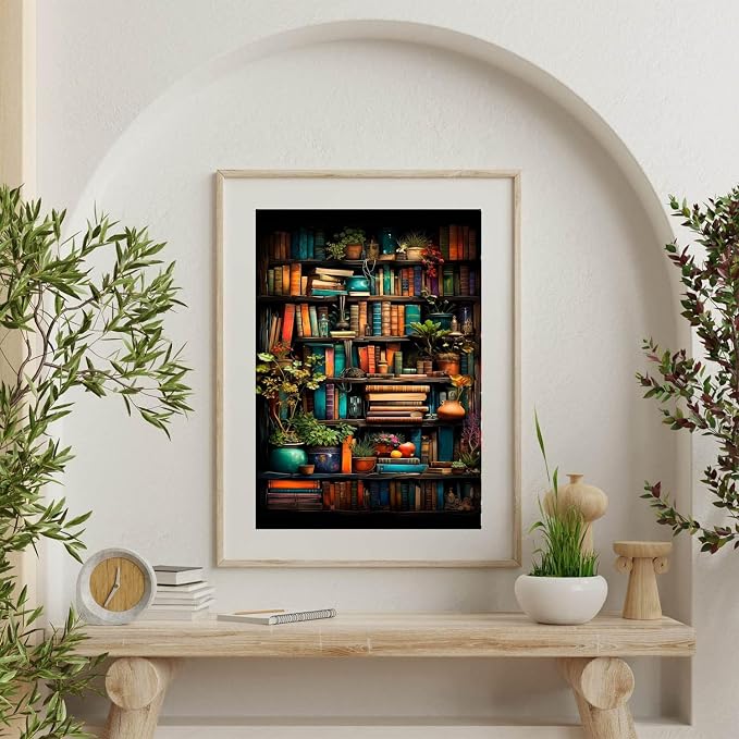 Bookshelf Paint by Numbers for Adults with Framed Canvas-with Wooden Easel,Paint by Numbers Kits Framed Canvas,DIY Acrylic Oil Painting Kits with Brushes Nice Gift Box for Home Wall Decor(12x16 Inch)