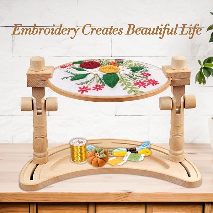 ZOCONE Multifunctional Beech Wood Embroidery Hoop Stand with 2 Pcs 6'' 8'' Embroidery Hoops, Adjustable Rotated Embroidery Stand Cross Stitch Stand, Embroidery Hoop Holder for Embroidery Project (D)
