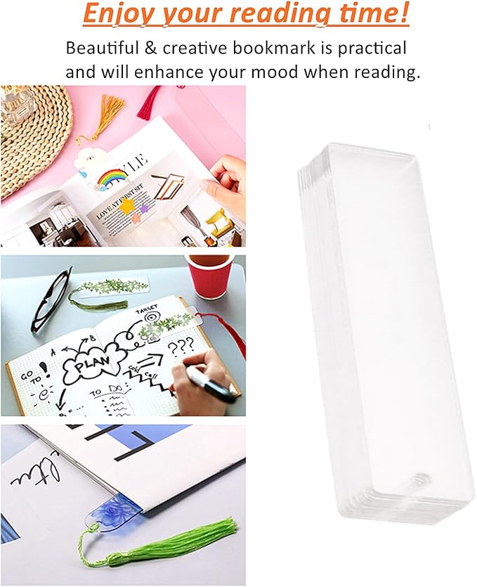 30Pcs Clear Acrylic Bookmark Blanks with Tassels, Rectangle DIY Craft Kit | 30Sets Bookmark Making Kits, Smooth Edge Clear Acrylic Blanks, Different Color Tassels,for DIY Book Marks Tags Handmade Gifts