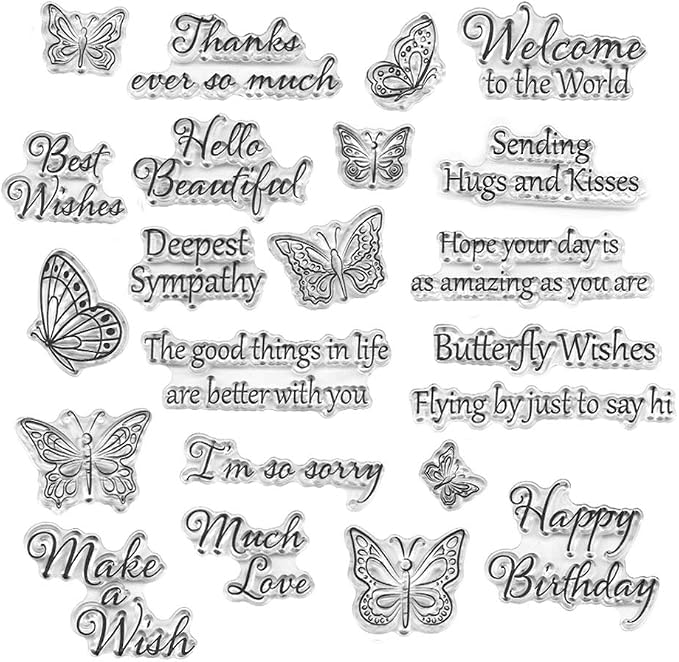 Words Clear Stamp Silicone Stamp Cards with Sentiments,Flowers,Butterfly,Greeting Words Pattern for Holiday Card Making Decoration and DIY Scrapbooking Album DIY Crafts