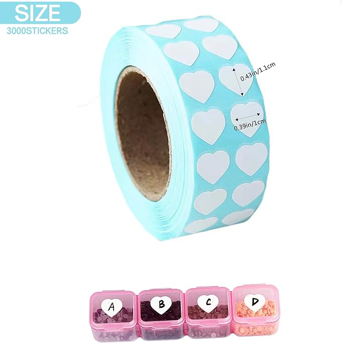 3000 Pieces Diamond Painting Storage Containers White Labels, Diamond Painting Bead Kits for Name Number, Self-Adhesiven Blank Writable Small Art Stickers for Office DIY (Heart)