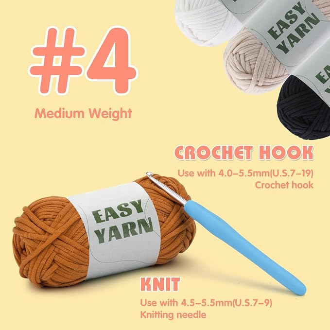 UzecPk 4 * 50g/1.76oz Crochet Yarn, 4 * 87yds Beginner Crochet Yarn | Beige Brown White Black Crochet Yarn for Beginners Easy-to-See Stitches Worsted-Weight Medium #4 Blend Crochet Kit Making