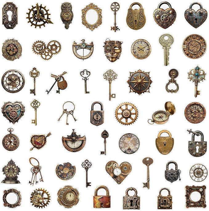 50PCS Vintage Steampunk Stickers, Waterproof PET Retro Old Gadgets Decals for Scrapbooking, Skateboard, Laptop, Phone Case, Luggage, Water Bottle - Aesthetic Decor for Teens, Adults, Boys, Girls