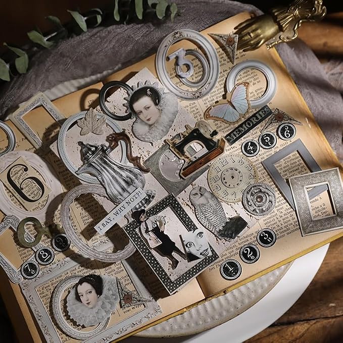 Vintage Junk Journal Items Kit Pre Cut Paper Cards Cutout Cardstock Art Aesthetic Decor Hollow Out Craft Elements Small Embellishments Supplies for Adults Scrapbook Pack (Photo Frame Silvery)