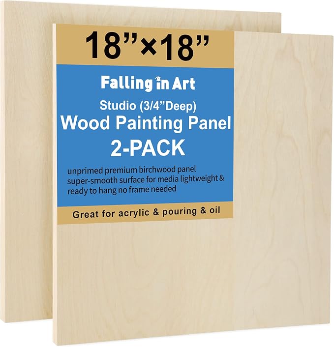 Falling in Art 2 Pack 18x18 Unfinished Birch Wood Panels Kit for Painting | Studio 3/4’’ Deep Wood Canvas, Cradle Boards for Acrylic Pouring, Art, Crafts, Epoxy Resin, Laser Engraving Cutting