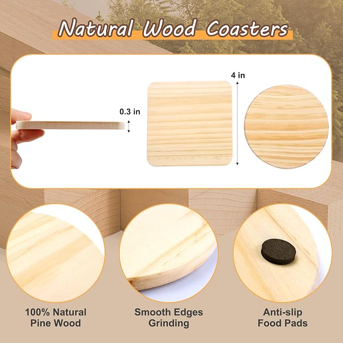 96 pcs Unfinished Wood Coasters for Crafts,Cymuber 4 Inch Blank Wooden Coasters,Blank Coaster with Non Slip Pad for DIY Stained Painting Wood Engraving Wedding Halloween Christmas Home Decoration