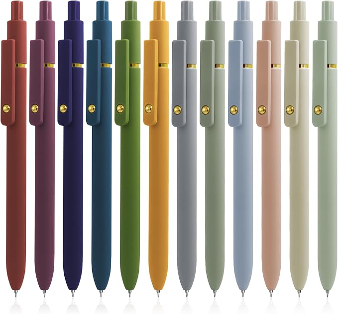 UIXJODO Gel Pens, 12 Pcs Black Ink Pens for Women, 0.5mm Fine Point Smooth Writing Pens, High-End Series Retractable Pens for Journaling Note Taking (12 Pcs Gold Morandi and Vintage)
