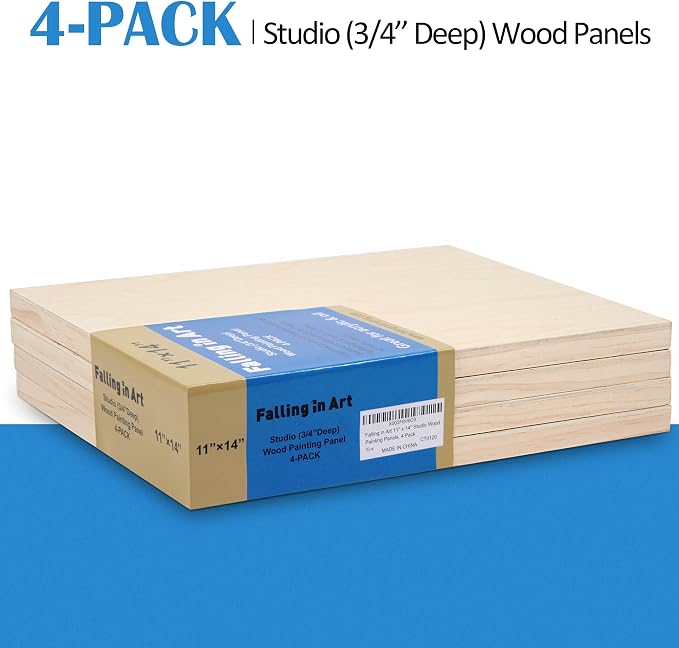 Falling in Art 4 Pack 11x14’’ Unfinished Birch Wood Panels Kit for Painting | Studio 3/4’’ Deep Wooden Canvas, Cradle Boards for Acrylic Pouring, Encaustic, Crafts, Epoxy Resin, Laser Engraving Cutting