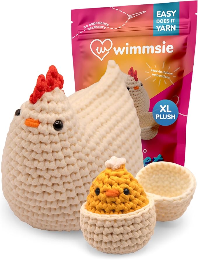Wimmsie Crochet Animal Kit for Beginners - Easy Beginner Crochet Kit for Kids - Amigurumi Chicken Chick & Egg - 3 Kawaii Stuffed Animals - Cute DIY Yarn Plush