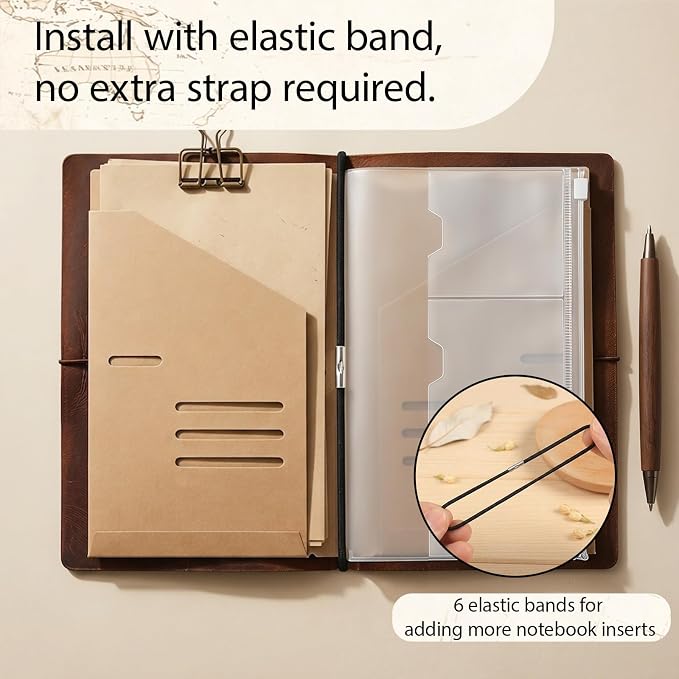 2PACK A5 Size Travelers Journal Notebook Accessories Inserts Kit | Kraft File Folders, PVC Zipper Pouches, Pen Holders, Binder Clips, Elastic Bands for Travel Journal Organizer