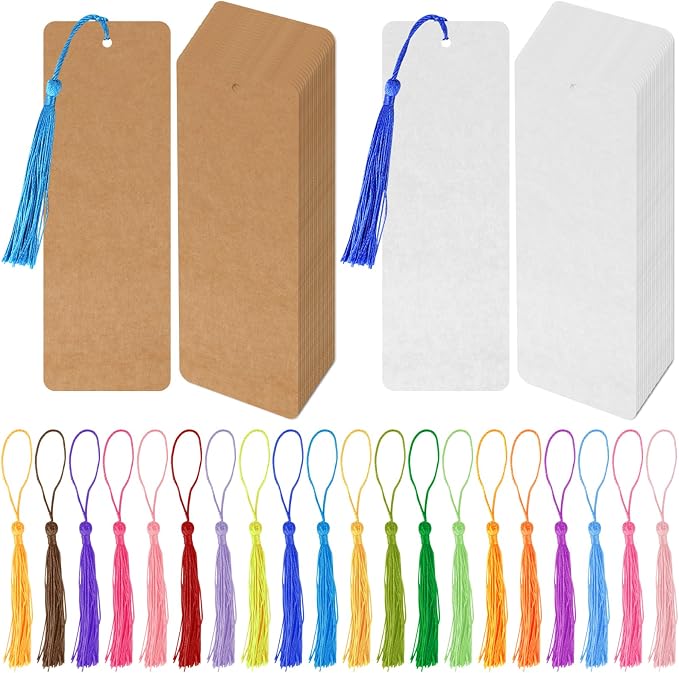 MIDELONG 40 Pcs Kraft Paper Blank Bookmarks with 40 Pcs Colorful Tassels DIY Craft Blank Cardstock Bookmarks for DIY Art Projects, School Supply, Gifts Tags 5.5x2 inch