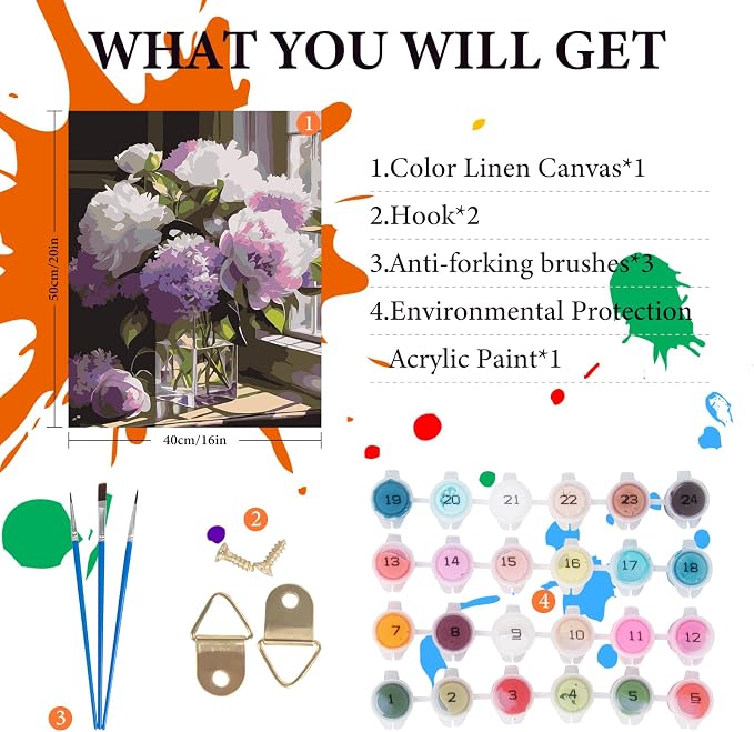 Fountor Flower Paint by Numbers Kit for Adults Beginner 16x20 Inch | DIY Acrylic Painting by Numbers Windowsill Flowers, Without Frame Canvas, Stress Relief Craft Kits, For Home Decor Gift