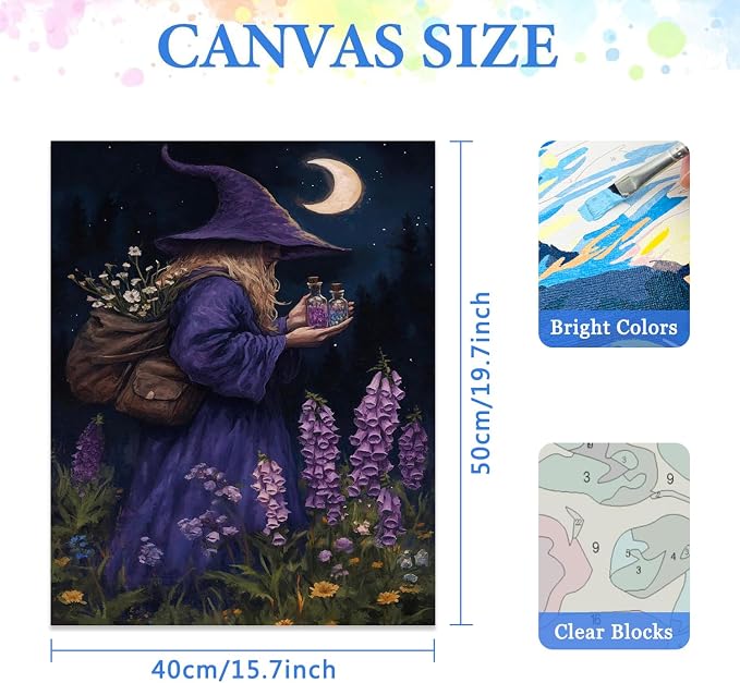MIRCVSH Halloween Witch Paint by Number Kits for Adults,Witch and Flower Paint by Numbers Kit for Adult Beginners Without Frame,DIY Acrylic Paint Canvas Painting Kits for Home Decor 16X20 Inch.