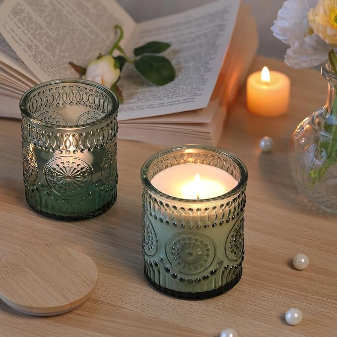 DARJEN 10 Pcs 8oz Glass Candle Jars with Lids, Candle Tins-Green | Premium Thick Glass, Secure Wooden Lids- Candle Jars for DIY Candle Making, Stunning Sunflower Design