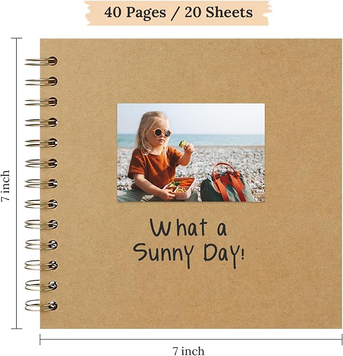 Scrapbook 7x7 Inch DIY Scrapbook Album Hardcover Kraft Paper Scrap Book Photo Albums 40 Pages Perfect for 4x6 / 5x7 Photos Memory Book for Family, Wedding