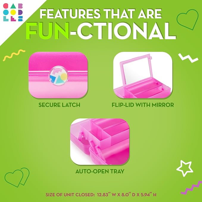 Caboodles On-The-Go Girl Makeup Box, Two-Tone Pink on Neon Green, Hard Plastic Makeup Organizer Box, Built-In Mirror, Secure Latch for Safe Travel, Spacious Storage for Large Items