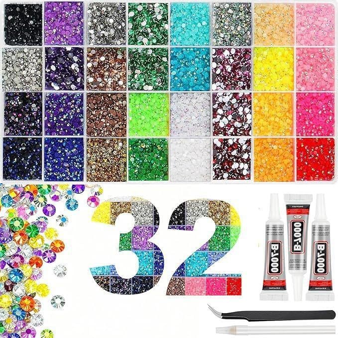Bedazzling Kit, 32000Pcs 32 Colors Jelly Rhinestones Bedazzler Kit, 3mm Resin Flatback Gems with 3Pcs Glue & Tools for Bedazzling, Nail Art, Shoes, Clothing, DIY Craft, Decor, Diamond Art