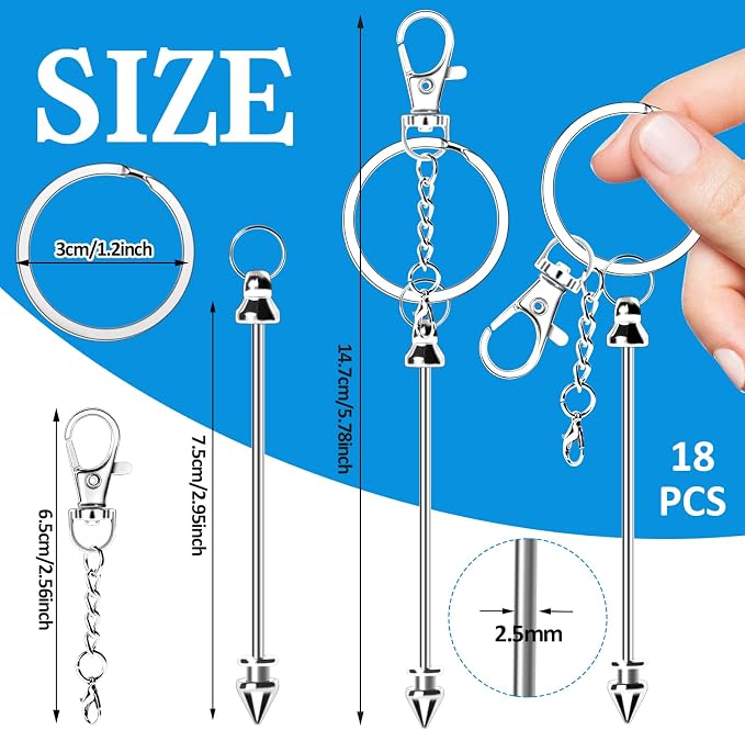 18 Pack Beadable Keychains Bars DIY Blank Beadable Keychains Metal Beaded Keychain Sliver Beads Keychain Making Kit for DIY Crafts Supplies Jewelry Making Gift