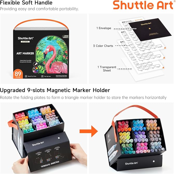 Shuttle Art 89 Colors Alcohol Markers, 88 Colors Dual Tip Art Marker Set Plus 1 Colorless Blender with Marker Case Perfect for Illustration Students Adult Coloring Sketching