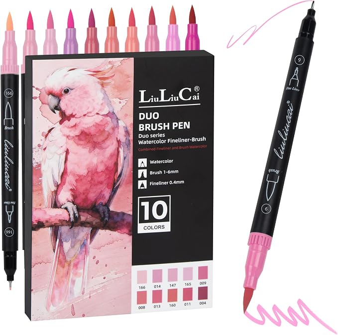 LIULIUCAI 10 Pink Dual Markers, Fine & Brush Tip Pen for Adult Coloring