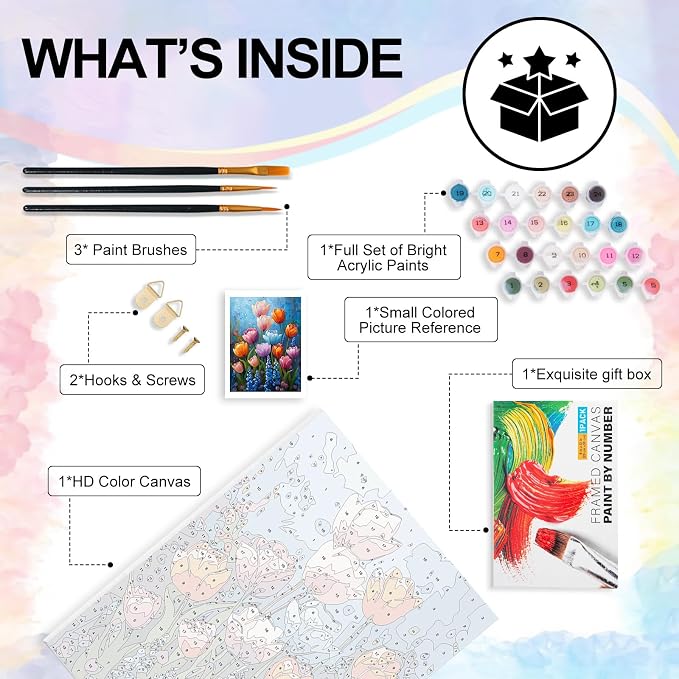 Yezavesu Flowers Framed Paint by Numbers Kit for Adults Beginner | With Frame Canvas 12x16 Inch, DIY Acrylic Painting by Numbers Colorful Flower, Stress Relief Craft Kits, Home Wall Decor Gift